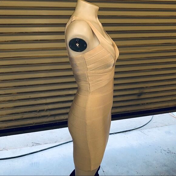 Bebe Double V-Neck Bandage Dress in Tapioca - Picture 6 of 8